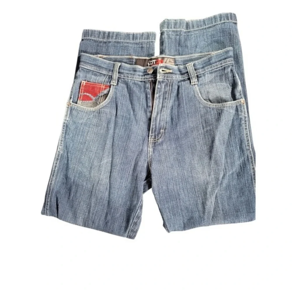 Lot 29 World Class Denim Vtg Embroidered Pocket Distressed  Red Graphic Jeans 32